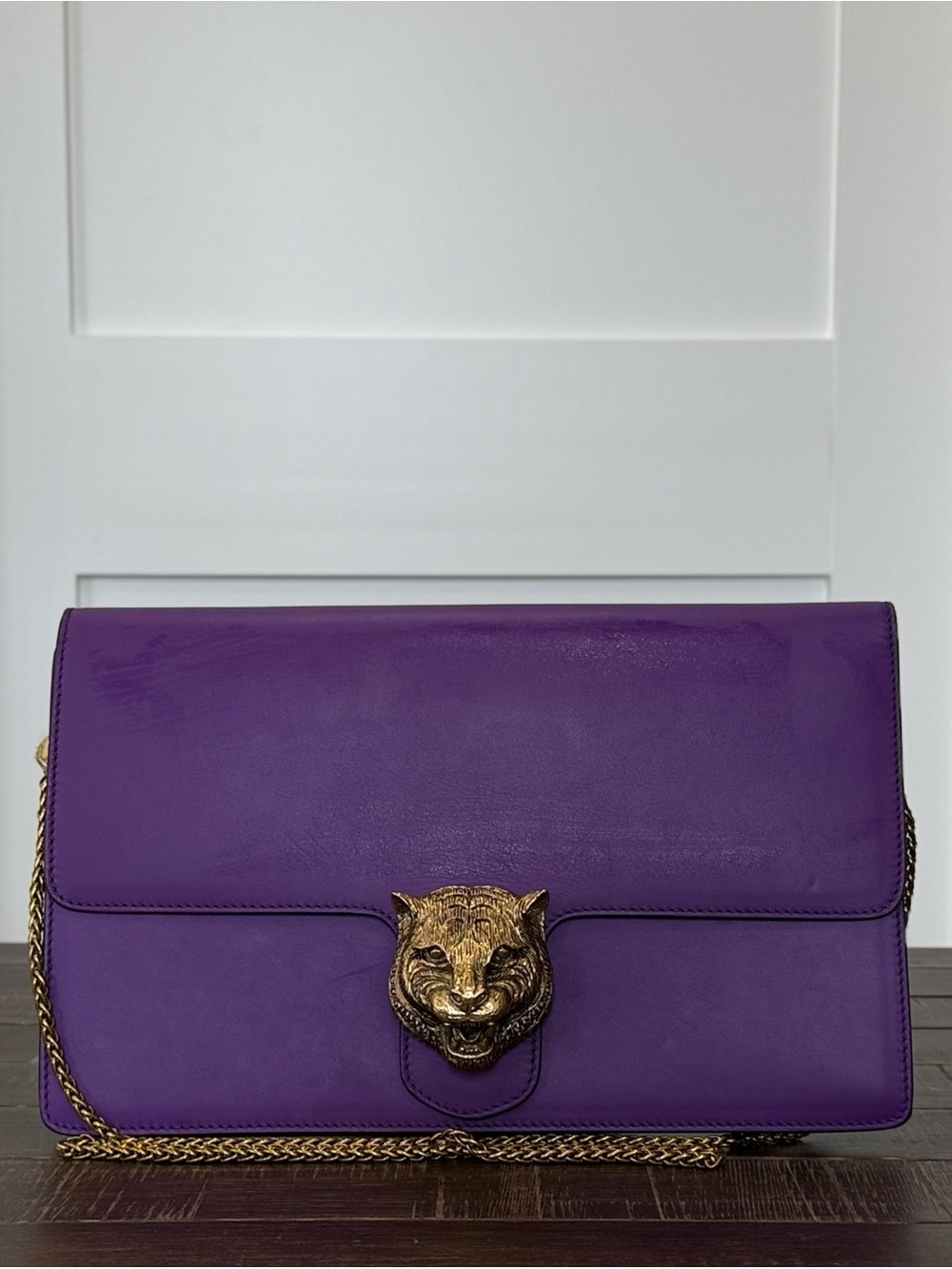 Gucci Purple Leather Shoulder Bag with Gold Tiger Head Accent